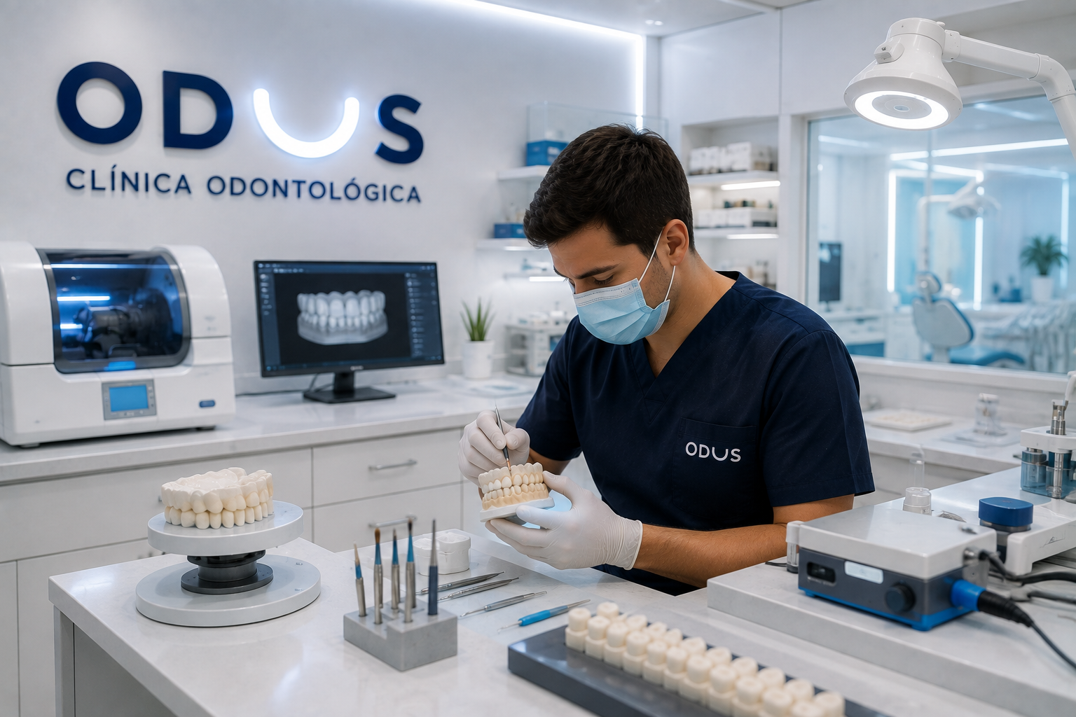 Laboratorio protésico propio ODUS Clínica Odontológica - técnico trabajando con CAD/CAM